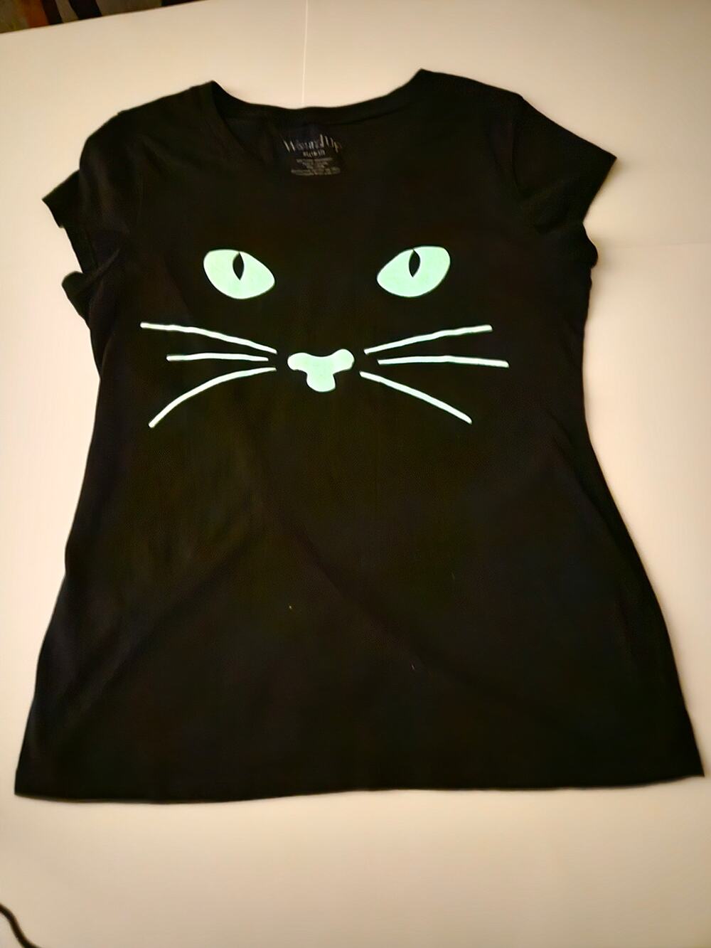 Wound Up Girls' Glow In The Dark Black Cat Face Graphic Tee Girls XL15-17